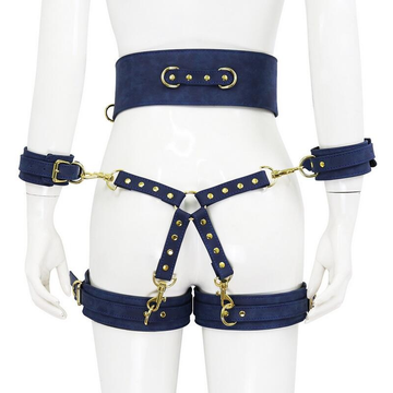 BDSM PU Leather Bondage Set / Handcuffs and Legcuffs with Center Connection and Belt - EVE's SECRETS